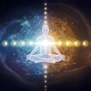 A luminous, ethereal male figure (Purusha) depicted in translucent crystalline form, floating in a cosmic void, emanating pure white light. He is seated in padmasana, with closed eyes in deep meditation. Around him, swirling patterns of creation (Prakriti) in deep blues, earthy browns, and vibrant greens form intricate mandalas and sacred geometry. The scene shows a clear division - the pure consciousness of Purusha remaining untouched and separate from the dynamic dance of Prakriti. Cosmic elements like stars, planets, and energy streams flow from Prakriti but never touch Purusha. Multiple layers of reality are depicted through transparent veils, showing the 23 tattvas of Sankhya philosophy as golden sacred symbols. The art style combines traditional Indian Tantric art patterns with modern digital surrealism, featuring a rich color palette of deep indigo, golden yellow, and cosmic purples. Soft glowing orbs of light float around the scene, creating an atmosphere of transcendental wisdom. The background shows the subtle transition from manifest to unmanifest reality through gradients of light to darkness. Hyperdetailed, cinematic lighting, octane render, 8k resolution.