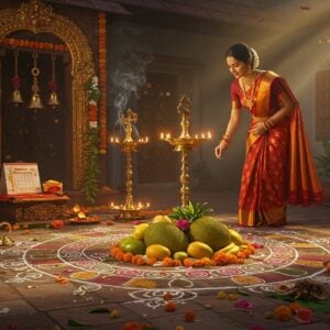 A vibrant Tamil household courtyard adorned with intricate kolam patterns in white rice flour, featuring a traditional brass uruli filled with fresh mangoes, jackfruits, and bananas arranged in a decorative spiral. A beautiful Tamil woman in a rich silk Kanchipuram saree (maroon with gold border) performs the ritual of lighting brass vilakku (lamps). The scene includes a traditional wooden manjal petti (auspicious box) decorated with fresh flowers and mango leaves. In the background, a carved wooden door frame with brass bells and fresh flower garlands. The lighting is warm and golden, with morning sunrays filtering through. The atmosphere combines both grandeur and serenity, with subtle smoke wisps from incense sticks. The art style merges traditional Tanjore painting aesthetics with modern digital art, featuring rich gold accents, deep jewel tones, and intricate details. The scene includes symbolic elements like turmeric-dipped veppilai (neem leaves) and a traditional Tamil calendar. Hyperrealistic rendering with atmospheric lighting and detailed textures, maintaining cultural authenticity while appearing contemporary and sophisticated.