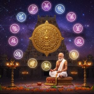 A cosmic scene depicting the traditional Tamil New Year celebration, centered around a mystical golden Tamil calendar floating in space. In the foreground, an ethereal Indian astrologer in traditional Tamil attire (white veshti and angavastram) sits in meditation pose on a decorated marble platform. Around him, twelve zodiac symbols rendered in traditional Tanjore art style orbit in a spiral, each glowing with distinct cosmic colors. The background features a grand temple gopuram merging into a starlit sky, with constellations forming intricate kolam patterns. Floating diyas, marigold garlands, and banana leaves frame the scene. The lighting is dramatic with deep purples and blues of the cosmic sky contrasting with warm golden light emanating from the calendar and zodiac symbols. The style combines hyperrealistic digital art with traditional South Indian temple art aesthetics, incorporating detailed ornamental patterns and sacred geometry. Magical sparkles and subtle light rays add a divine atmosphere, while Tamil architectural elements like temple pillars and traditional brass lamps ground the composition in cultural authenticity.