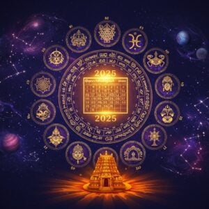 A mystical scene featuring twelve intricately designed zodiac symbols arranged in a circular mandala pattern, rendered in traditional South Indian Kolam style with golden lines against a deep midnight blue background. In the center, a luminous Tamil calendar showing the year 2025 radiates golden light. Each zodiac symbol is adorned with corresponding Tamil astronomical elements and celestial motifs. The composition includes swirling cosmic energy patterns in vibrant colors of royal purple, deep indigo, and burnished gold. Floating celestial bodies like stars, planets, and constellations create a three-dimensional depth. Traditional Tamil astrological symbols and yantra patterns float ethereally in the background. The bottom portion features a stylized rising sun symbolizing the Tamil New Year, with rays of light in saffron and gold. Decorative elements include traditional Tamil temple architecture motifs, jasmine flowers, and sacred geometry patterns. The overall scene has a dreamy, ethereal quality with subtle light particles and a soft cosmic glow, blending traditional Tamil artistry with modern digital aesthetics. Art style should be highly detailed digital art with photorealistic textures and magical lighting effects, hyperrealistic quality 8k, cinematic lighting, ornate details, Madhubani-inspired patterns