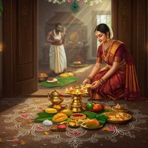A grand Tamil household entrance adorned with intricate kolam patterns in white rice flour, featuring traditional geometric designs and peacock motifs. A beautiful Tamil woman in a rich maroon and gold Kanchipuram saree arranges a traditional brass Puthandu kani display with fresh mangoes, bananas, gold jewelry, betel leaves, and a ceremonial mirror. The scene is illuminated by traditional brass vilakku lamps with warm golden light. In the background, visible through an ornate wooden doorway, is a kitchen scene with a traditional feast being prepared on banana leaves. The atmosphere features ethereal morning light with subtle sun rays filtering through window, casting a divine glow. Decorative elements include fresh mango leaves, turmeric-dipped string thoranam across the doorway, and delicate jasmine flower garlands. The art style merges traditional Tanjore painting aesthetics with modern digital art techniques, emphasizing rich gold accents, deep jewel tones, and intricate details. The overall composition creates a sense of auspicious new beginnings and cultural richness.