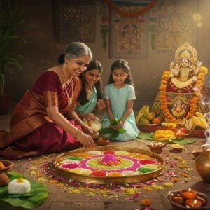 A joyful Tamil family gathered around an ornate brass kolam design filled with vibrant rice flour and fresh flower petals, set in a traditional South Indian courtyard with clay oil lamps. The scene features a grandmother in a maroon Kanchipuram silk saree teaching her granddaughter wearing a pastel blue pavadai how to arrange mango leaves and flowers. In the background, a beautifully decorated puja altar with fresh fruits, betel leaves, and traditional sweets on banana leaves. Golden sunlight filters through the mango leaves creating a magical atmosphere. The courtyard walls feature Madhubani-style paintings of traditional Tamil motifs. Fresh turmeric plants and neem branches frame the scene. A brass vessel filled with sweet pongal steams nearby, with ethereal smoke swirls creating mystical patterns. The lighting is warm and golden, emphasizing the auspicious morning atmosphere. Art style combines hyperrealistic digital art with traditional South Indian temple art elements, featuring rich colors like deep yellows, magentas, and emerald greens. Soft bokeh effects and lens flares add a modern, dreamy quality to the traditional scene.