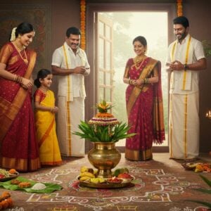 A joyous Tamil family celebrating Puthandu in a traditional South Indian home setting, with a magnificent kolam pattern in bright rice flour on the doorstep featuring intricate geometric patterns and peacock motifs. The main focus is on a beautifully decorated brass uruli containing fresh mango leaves, betel leaves, and seasonal fruits. Golden light streams through the window, illuminating the scene with divine radiance. The family members are dressed in traditional attire - women in silk Kanchipuram sarees with rich maroon and gold colors, men in crisp white and gold-bordered veshtis. A traditional banana leaf spread with Puthandu specialties lies in the foreground. The background features a richly detailed wall with Madhubani-style artwork depicting Tamil cultural symbols. Fresh turmeric plants and neem branches adorn the doorway. The scene captures both morning sunlight and warm oil lamp glow, creating an atmosphere of auspicious beginnings. The art style combines hyperrealistic details with ethereal lighting and traditional Indian art elements, rendering a modern yet culturally authentic celebration scene.