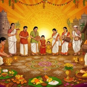 A vibrant panoramic scene showcasing multiple regional New Year celebrations merging seamlessly, styled in modern Madhubani art. In the center, a Tamil family in traditional silk vesthi and pavadai celebrating Puthandu, arranging colorful kolam patterns with fresh flowers and mango leaves. To their right, Bengali families in white-red sarees and kurtas dancing with dhak drums for Poila Boishakh, surrounded by alpana designs. To the left, Malayali families performing Vishu kani rituals with brass uruli filled with yellow konna flowers, fruits, and mirror. The background features a rising sun with intricate mandala patterns in gold and saffron, symbolizing new beginnings. The foreground shows traditional feast items on banana leaves, lit brass lamps, and scattered marigold and lotus petals. The scene is illuminated with warm golden light and decorated with flowing ribbons in peacock blue and deep maroon. Ethereal glowing elements and soft pastel highlights enhance the spiritual atmosphere, while maintaining cultural authenticity in clothing and customs. The composition includes detailed architectural elements like temple gopurams and traditional Kerala houses with sloped roofs, all rendered in a harmonious blend of traditional and digital art styles.