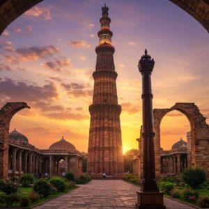 A majestic view of the towering Qutb Minar at sunset, its intricate sandstone carvings and Islamic calligraphy illuminated in warm golden light. The 240-feet tall minaret rises dramatically against a dreamy sky filled with soft purple and orange clouds. In the foreground, the Iron Pillar stands prominently, its rust-resistant surface gleaming with a mystical aura. The surrounding complex features detailed ruins of the Quwwat-ul-Islam mosque with its perfectly preserved arches and pillars, decorated with intricate geometric patterns and floral motifs. Ancient stone pathways wind through carefully manicured gardens dotted with blooming Indian flowers. The scene combines photorealistic architecture with ethereal lighting effects, creating a surreal atmosphere. Traditional Mughal-style ornamental elements frame the composition, featuring detailed arabesque patterns in deep maroon and peacock blue. Multiple layers of soft light rays filter through the architectural elements, casting dramatic shadows and highlighting the complex's grandeur. Art style should blend hyperrealistic architectural photography with magical realism, emphasizing the structure's monumental scale and historical significance.
