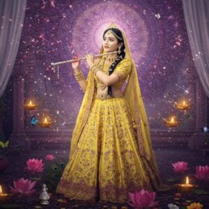 A ethereal scene depicting Radha in a luminous golden-yellow silk lehenga adorned with intricate Madhubani-style peacock motifs, standing gracefully in a divine garden of Vrindavan. Her form radiates a soft, supernatural glow, surrounded by blooming lotus flowers and celestial blue krishna-themed butterflies. She holds a silver flute and wears traditional temple jewelry with delicate pearl details. Her face shows divine love and devotion, with eyes looking upward toward a cosmic vision of Krishna. The background features a large ornate mandala in shades of deep purple and gold, with floating flower petals and peacock feathers. Magical light particles dance around her form. The scene is framed by traditional Indian architectural elements with intricate carvings and flowing transparent curtains. The overall composition combines photorealistic details with surreal, spiritual elements, rendered in a style merging traditional Indian art with modern digital aesthetics. The lighting is dramatic yet soft, with golden hour warmth and subtle purple-blue undertones.