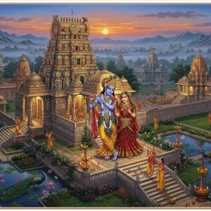 A majestic aerial view of a grand Radha Krishna temple complex at twilight, featuring intricate South Indian Dravidian architecture merged with North Indian Nagara style. Lord Krishna, with deep blue complexion, stands in his signature tribhanga pose with his golden flute, while Radha, adorned in crimson silk and gold jewelry, stands gracefully beside him. Their divine forms emit a soft, ethereal glow. The temple's golden shikhara reflects the setting sun, surrounded by perfectly manicured gardens with blooming lotus ponds. Multiple devotees in traditional Indian attire can be seen circumambulating the temple. The foreground features intricate Madhubani-style peacocks and flowering vines, while the background shows misty mountains with several smaller temples dotting the landscape. The scene is illuminated by both warm temple lights and cool moonlight, creating a magical atmosphere. Floating diyas and flower petals add movement to the composition. Art style combines hyperrealistic architectural details with ethereal Indian traditional art elements, maintaining both spiritual authenticity and modern aesthetic appeal.