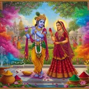 A vibrant scene depicting Lord Krishna and Radha playing Holi in Vrindavan gardens, surrounded by blooming spring flowers. Krishna has deep blue skin, wearing a golden dhoti and peacock feather crown, holding a silver flute in his right hand and colored powder in his left. Radha wears a rich crimson lehenga with gold embroidery, her face glowing with divine love. Both are surrounded by swirling clouds of vibrant Holi colors - magenta, saffron, emerald, and azure. Gopis dance in the background near flowering kadamba trees. The scene features intricate Madhubani-style border patterns, with peacocks and lotus motifs. Golden light streams through the trees, creating a mystical atmosphere. Water fountains sparkle with colored water, while traditional clay pots filled with natural colors are placed artistically in the foreground. Soft pastel petals float in the air, mixing with the color clouds. The artwork should blend traditional Indian miniature painting style with modern digital art techniques, emphasizing the divine romance and joyous celebration. The background shows the spires of ancient temples with ethereal golden auras.