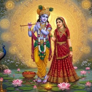 A divine ethereal scene depicting Radha and Krishna in eternal union, rendered in a fusion of traditional Indian and modern digital art. Krishna in his signature peacock-blue complexion wearing a yellow dhoti and ornate crown with peacock feather, playing his golden flute. Radha in a rich crimson lehenga with intricate gold embroidery and emerald jewelry, her hands gracefully positioned in devotion. They are surrounded by a massive, glowing mandala in shades of gold and saffron, with Sanskrit symbols delicately woven into its pattern. Floating lotus flowers in soft pink and white emerge from a mystical pond below. Peacocks dance in the background among flowering kadamba trees. The scene is bathed in ethereal light with swirling golden particles and flower petals. Multiple smaller mandalas in pastel blues and pinks float in the background. The atmosphere shows transcendental love with both divine figures having subtle golden auras around them. Artistic style combines Madhubani patterns with modern digital aesthetics, hyperrealistic detailing with surreal lighting effects, creating a serene yet powerful spiritual ambiance.