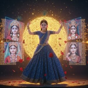 A luminous, ethereal scene depicting a modern interpretation of Radha in a contemporary setting - A beautiful young Indian woman with delicate features wearing a designer peacock-blue lehenga with intricate gold zari work, her hair adorned with jasmine flowers and a diamond-studded crown. She's performing a classical dance pose against a massive digital billboard displaying her various avatars - from traditional Madhubani art style to modern anime interpretation. The background seamlessly blends traditional elements (golden mandala patterns, floating lotus flowers) with modern aesthetics (neon lights, holographic projections). Around her, multiple translucent layers show her reflection in different art forms - a pop art portrait, a minimalist digital illustration, and a traditional Pattachitra painting. The scene is bathed in a divine golden glow with floating light particles, while peacock feathers and rose petals swirl around her. The color palette combines traditional colors (deep blue, saffron, maroon) with modern neon accents. The composition maintains a perfect balance between sacred iconography and contemporary pop culture elements, radiating both divinity and modernity. Photorealistic rendering with magical realism influences, 8k resolution, cinematic lighting.