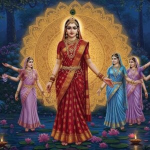 A luminous portrayal of Radha in a divine garden at twilight, wearing a resplendent golden-bordered crimson silk saree with intricate peacock motifs. She stands gracefully near a crystal-clear lotus pond, her form radiating a soft, ethereal glow. Her delicate features reflect supreme devotion, with large expressive eyes and a gentle smile. She wears traditional temple jewelry including a elaborate crown, chandrahar necklace, and bangles crafted in antique gold. Multiple translucent, shimmering forms of Radha emanate from her central figure, each showing different aspects of her divine personality - dancer, devotee, divine consort. Each form wears different colored sarees in pastel shades of pink, blue, and lavender. The background features a massive, intricate mandala in gold and saffron, with 108 lotus petals, each petal containing a subtle radiance. Peacocks dance in the garden while floating lotuses and rose petals adorn the pond. The scene is illuminated by soft moonlight and glowing diyas, creating a mystical atmosphere. Art style combines traditional Madhubani patterns with modern digital art techniques, emphasizing fine details and spiritual symbolism.