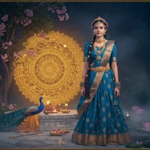 A beautiful young Radha standing gracefully in a vibrant peacock-blue silk lehenga with intricate gold zari work depicting lotus patterns and peacock motifs. Her jewelry includes a heavy gold mukut adorned with peacock feathers, elaborate temple jewelry necklace, chandrahar, and bangles studded with precious stones. Her long black hair flows freely with jasmine flowers woven in. She stands near a flowering kadamba tree at twilight, with soft golden light illuminating her divine form. Krishna's blue flute and peacock feathers lie nearby on a marble platform. The background features a large, glowing mandala in gold and saffron hues, with delicate lotus flowers floating in a serene pond. Soft mist surrounds the scene, creating an ethereal atmosphere. Traditional Madhubani-style border patterns frame the scene, while modern digital art techniques create a dreamy, luminescent quality. The overall composition emphasizes divine feminine grace and spiritual devotion, with a color palette of deep blues, rich golds, and soft pastels.