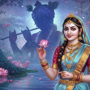 A serene portrait of Radha in a luminescent golden-bordered silk saree with intricate peacock motifs, standing in a divine garden filled with blooming lotus flowers. Her face radiates divine beauty with large expressive eyes, a gentle smile, and a glowing tilak on her forehead. She wears traditional temple jewelry including a ornate crown, jhumkas, and multiple necklaces with kundan work. Her hands are gracefully positioned in a mudra of devotion, holding a lotus flower. Behind her, a massive, ethereal Krishna appears as a cosmic silhouette in deep blue hues, playing the flute amidst swirling galaxy patterns. The background features a blend of traditional Vrindavan elements - flowering kadamba trees and peacocks - with modern abstract spiritual symbolism like floating mandalas and sacred geometric patterns in soft pastel colors. Crystal-clear water reflects the entire scene, creating a mirror effect. The lighting is otherworldly with a combination of moonlight and divine aura, casting a soft glow on Radha's face. The atmosphere includes floating flower petals and subtle sparkles of divine light. Style combines hyperrealistic digital art with traditional Indian Miniature painting techniques.