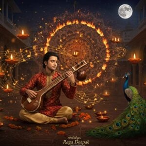 A mystical Indian classical musician in an ornate silk kurta playing a beautifully carved wooden tanpura, surrounded by floating, illuminated oil lamps (diyas) in a moonlit courtyard. The musician's face is serene, eyes closed in deep concentration, with warm golden light emanating from the diyas creating a supernatural glow. Intricate Madhubani-style patterns of flames and musical notes swirl in the air around him. In the background, a large mandala made of fire forms a circular pattern, with each flame dancing to the rhythm. The scene features rich maroons, deep oranges, and royal blues, with hints of gold leaf detailing. Small particles of light float upward like fireflies. A peacock with an illuminated tail sits nearby, its feathers reflecting the golden light. The architecture shows traditional Indian palace elements with detailed jharokhas and carved pillars. The overall composition has a surreal, ethereal quality with a perfect blend of traditional and contemporary digital art styles, suggesting the powerful legend of Raga Deepak's ability to illuminate lamps and create fire through musical notes.