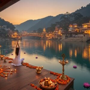 A luxurious infinity pool seamlessly merging with the sacred Ganges river, surrounded by lush Himalayan foothills at sunset. In the foreground, a serene Indian woman in a flowing white resort wear performs a yoga asana on a wooden deck adorned with brass diyas and marigold flowers. The background features the iconic Lakshman Jhula bridge illuminated with golden lights, while temple bells and ancient stone structures dot the riverbank. Soft evening mist creates an ethereal atmosphere, with floating lotus flowers and golden ripples in the water. The scene combines modern luxury with traditional elements - contemporary architecture with wooden and stone elements, traditional brass sculptures, and silk curtains flowing in the mountain breeze. The lighting is warm and golden, creating a magical twilight ambiance with subtle touches of deep orange and peaceful blue tones. The art style merges photorealistic details with mystical Indian elements, including intricate Mandala patterns in the resort's architecture and subtle sacred geometry in the overall composition.