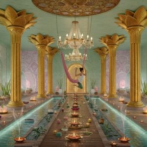 A serene modern wellness sanctuary with Indian architectural elements, featuring a grand entrance with golden lotus-shaped pillars and flowing water channels. In the foreground, a peaceful Indian woman in contemporary yoga attire performs a perfect aerial yoga pose, suspended from a crystal chandelier. The space combines traditional elements like intricate Madhubani-style wall murals depicting chakras and modern amenities like glass meditation pods. Soft, ethereal lighting in pastel blues and pinks illuminates the scene, with floating golden mandalas and sacred geometry patterns in the air. Multiple treatment rooms visible through glass walls show different wellness practices - Ayurvedic massage, crystal healing, and meditation. The interior features a harmonious blend of natural materials like bamboo and rose quartz, with a central water feature creating gentle ripples. Incense smoke swirls create mystical patterns in the air, while small floating diyas cast warm glows. The color palette includes soft sage green, rose gold, and cosmic purple. The art style combines hyperrealistic architectural details with ethereal, dreamy elements, executed in a modern digital art style with subtle Indian artistic influences.