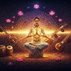 A serene Indian woman in padmasana (lotus pose) floating in a mystical space, draped in a flowing white silk yoga outfit with gold trim. Her body radiates golden light patterns in the form of musical notes and sound waves. Around her, traditional Indian musical instruments (veena, sitar, tabla) are transformed into ethereal, glowing forms that merge with swirling mandalas. The background features a large, circular mandala made of interweaving ragas visualized as colorful sound waves in deep indigo, saffron, and crimson. Floating lotus flowers emit soft, pulsating light in rhythm with the visible sound waves. The scene is illuminated by a soft, otherworldly glow, with small particles of light dancing in spiral patterns. The woman's expression is peaceful, eyes closed in deep meditation. Multiple translucent layers of peacock-colored energy fields surround her, creating a three-dimensional sacred geometry pattern. The art style combines hyperrealistic digital rendering with traditional Madhubani patterns in the background details. Photorealistic, cinematic lighting, ethereal atmosphere, 8k resolution.
