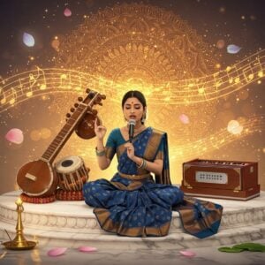 A serene Indian classical music performance scene featuring a young female vocalist in a flowing silk saree in deep peacock blue and gold, seated cross-legged on an ornate marble platform. Her hands gesture gracefully in mudras while singing. Behind her, ethereal visualizations of musical notes transform into flowing, luminescent streams in saffron and gold. A large, intricate mandala pattern in Madhubani style floats above, its patterns morphing into musical symbols. The background features stylized instruments - a gleaming golden tanpura, tabla with detailed traditional patterns, and a harmonium with carved details. Soft, glowing orbs of light in pastel blues and pinks float around, representing different ragas. Delicate lotus flowers in various stages of bloom surround the platform, their petals moving as if swaying to the music. The scene is bathed in warm, divine light creating a dreamlike atmosphere. The art style combines traditional Indian Pattachitra patterns with modern digital art techniques, emphasizing depth and luminosity. The overall composition suggests both traditional authenticity and contemporary appeal.