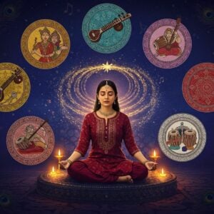 A mesmerizing scene showing a young Indian woman in a flowing silk kurta in deep burgundy, seated in lotus position on an ornate circular platform. Her eyes are closed in peaceful meditation as visible waves of melodic energy emanate from her in swirling patterns of gold and saffron. Around her, six distinct circular mandalas float in the air, each representing different moods - joy (vibrant yellow), romance (soft pink), peace (serene blue), valor (deep red), devotion (pure white), and melancholy (deep purple). Each mandala contains traditional Indian musical instruments like sitar, tabla, tanpura rendered in intricate Madhubani style. The background features a cosmic gradient from deep indigo to midnight blue, scattered with delicate golden musical notes that appear like stars. Ethereal peacock feathers frame the corners, their patterns morphing into musical notations. The lighting is dramatic with a soft golden glow around the woman, while each mandala emits its own colored aura. The entire scene is rendered in a style mixing traditional Indian miniature painting techniques with modern digital art, emphasizing both heritage and contemporary appeal.