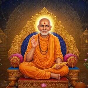 A luminous portrait of Sri Raghavendra Swami seated in padmasana on a golden throne, wearing saffron robes with traditional markings of Madhwa sampradaya (urdhva pundra). His face radiates divine wisdom with a serene smile, surrounded by a glowing mandala halo in peacock blue and gold. His right hand is raised in chinmudra while left hand holds sacred texts. The Brindavana of Mantralaya appears ethereally in the background, depicted in Madhubani art style with intricate patterns. Sacred tulasi plants and floating lotus flowers frame the scene. Modern elements include subtle digital particle effects, creating a bridge between tradition and contemporary spirituality. The lighting is otherworldly with soft golden rays emanating from his form. The color palette combines deep saffron, celestial blues, and metallic gold accents. The background features delicate Vedic mathematical patterns and yantra designs in a minimalist style. The overall composition suggests both historical authenticity and timeless relevance.