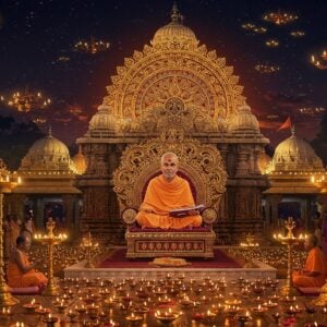 A serene nighttime scene of the majestic Kashi Mutt temple complex in South India, illuminated by countless floating brass diyas creating a golden glow. In the center, Raghavendra Swami sits in padmasana on a elevated platform, wearing saffron robes and holding sacred texts, with his characteristic peaceful smile and tilaka. Behind him, a large intricate Madhubani-style mandala radiates divine light in shades of gold and saffron. The temple architecture features detailed carved pillars and domes in traditional Dravidian style, with modern lighting highlighting its grandeur. In the foreground, devotees offer prayers while brass temple bells and traditional oil lamps create warm highlights. The scene incorporates mystical elements like subtle sparkles of divine energy and ethereal flora native to South India. The overall composition balances traditional sacred elements with contemporary digital art techniques, rendered in rich colors of deep maroon, gold, and peacock blue with careful attention to cultural accuracy.