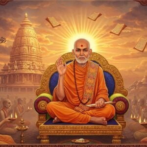 A luminous, serene portrait of Sri Raghavendra Swami seated in padmasana on a golden throne, wearing traditional saffron robes with vibrant Madhubani-style patterns. His right hand is raised in blessing mudra while his left holds sacred texts. Behind him, a large, intricately detailed Brindavana in Mantralayam glows with divine light, emanating rays of golden energy. The scene is set during sunrise, with the sun creating a mandala-like halo behind his head. Floating vishnu symbols, vedic manuscripts, and sacred tulsi leaves surround him. In the foreground, devotees offer prayers with lit oil lamps creating a warm, ethereal atmosphere. The art style combines hyperrealistic details with traditional Indian Pattachitra elements, featuring rich colors of deep saffron, burgundy, and celestial blue. Subtle sacred geometric patterns and Sanskrit symbols float in the background amidst soft, glowing orbs of light. The overall composition emphasizes spiritual wisdom, devotion, and divine grace with a dreamy, mystical quality.