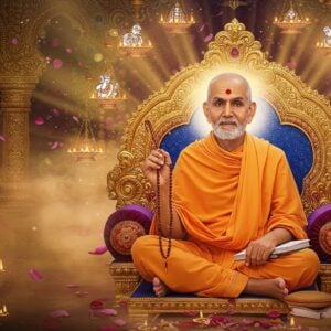 A serene portrait of Sri Raghavendra Swami seated in padmasana on a golden throne, wearing saffron robes with traditional Madhwa tilaka, holding sacred Tulasi mala in right hand and palm leaf scriptures in left hand. His face radiates divine light with a gentle smile. Behind him, a large ornate Brindavana in Mantralayam style with intricate Madhubani patterns glows with ethereal light. Floating spiritual symbols including the Vedas, Krishna's flute, and merchant's scale representing his various roles. The background features a mesmerizing blend of soft golden mist and floating lotus petals. Rays of divine light emanate from the Brindavana creating a mandala pattern. The scene is rendered in a fusion of traditional Indian art and modern digital aesthetics, with rich colors of saffron, deep maroon, and peacock blue. Hyperrealistic details in the face and hands, with an overall otherworldly, spiritual atmosphere enhanced by floating diyas and subtle sacred geometry patterns.
