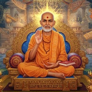 A serene portrait of Sri Raghavendra Swami seated in padmasana on a golden throne, wearing traditional saffron robes with vibrant Madhubani-style patterns. His right hand is raised in chinmudra, while his left hand holds sacred texts. His face radiates divine wisdom with a gentle smile and glowing aura. Around him, floating geometric mandalas in deep peacock blue and gold intertwine with modern digital elements. The background features a contemporary interpretation of Mantralaya temple architecture with flowing water. Mystical light beams in soft pastel colors filter through contemporary sacred geometry patterns. Traditional Vedic symbols and Sanskrit manuscripts transform into streams of golden light particles. The scene is framed by stylized lotus flowers and tulsi plants rendered in both traditional Pattachitra and modern digital art styles. The overall composition blends ancient wisdom with futuristic elements, creating a bridge between traditional teachings and modern spirituality. Hyperrealistic rendering with ethereal lighting effects and rich color palette of saffron, gold, maroon, and peaceful blues.