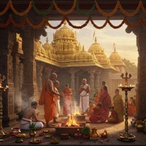 A serene Indian spiritual gathering scene at dawn, centered around a beautifully decorated traditional Madhwa mutt temple with intricate South Indian architecture. The temple features golden spires and traditional Dravidian carved pillars illuminated by warm morning light. In the foreground, a group of devotees in traditional attire (men in white dhotis and angavastrams, women in silk sarees) perform traditional rituals. Crystal-clear brass lamps and silver vessels filled with flowers adorning the scene. The atmosphere is enhanced by ethereal smoke from sacred yajna fire, creating a mystical ambiance. Prominent Madhwa symbols like the ankita mudra and sacred tulasi plants visible. The color palette focuses on deep maroons, saffron, and gold with touches of peaceful blue in the sky. Multiple garlands of fresh jasmine and marigold flowers decorating the temple entrance. Soft morning rays filtering through ornate temple windows creating divine light patterns. The scene captured in a blend of traditional Mysore painting style with modern digital art techniques, featuring detailed patterns and cultural motifs. The overall composition emphasizes devotion, tradition, and spiritual harmony.