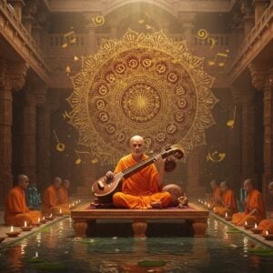 A serene Indian classical music setting with a spiritually enlightened saint in saffron robes seated in padmasana on an ornate wooden platform, playing the traditional veena. Behind him, a large, intricately detailed mandala in gold and deep maroon glows ethereally. The scene is set in a ancient temple courtyard with carved pillars. Floating musical notes in Sanskrit script transform into golden lotus petals as they rise. Soft rays of dawn light filter through, creating a mystical atmosphere. In the background, devotees in traditional Indian attire are depicted in a trance-like state of musical meditation. The color palette features rich browns, deep saffrons, and touches of peacock blue with golden highlights. The art style combines traditional Madhubani patterns on the pillars with modern digital rendering techniques. Crystal-clear water pools reflect the scene, creating a mirror effect. Small oil lamps with gentle flames line the courtyard, their light creating a warm glow. The overall composition suggests divine musical harmony and spiritual transcendence.