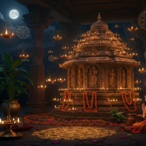 A serene nighttime scene of an intricately carved stone Brindavana structure, illuminated by dozens of floating brass oil lamps and marigold garlands. The Brindavana features traditional Madhva architectural elements with detailed carvings of Krishna, Hanuman, and Vayu. A soft, ethereal golden light emanates from within the structure, creating a mystical atmosphere. In the foreground, a devotee in traditional South Indian attire performs pradakshina with folded hands. The background showcases a beautiful Tulasi plant with glowing leaves. Mandala patterns in gold and saffron float in the air, while peacock feathers and lotus petals scatter around the scene. The overall composition is rendered in a fusion of Pattachitra and modern digital art style, with deep maroons, peacock blues, and warm golden hues. Moonlight filters through temple pillars, creating dramatic shadows and highlighting the sacred geometry patterns on the floor. The scene is enhanced with subtle spiritual symbols like the Sri Chakra and Dvaita symbols etched in golden light.