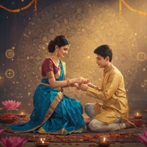 A serene scene depicting a sacred Raksha Bandhan ritual where an Indian sister in a flowing peacock blue silk saree with gold border ties a sacred rakhi on her brother's wrist, who wears a modern cream kurta. The rakhi thread glows with divine golden light, emanating spiritual energy. The background features a large, intricate mandala in traditional Madhubani style with interconnected patterns of protection symbols and sacred geometric designs in gold and saffron. Floating lotus flowers and diyas surround them, creating a ethereal atmosphere. A soft morning sunlight filters through ornate windows, casting warm golden rays. The scene includes subtle elements of protection - a translucent celestial shield, divine threads, and sacred symbols floating in the air. The art style combines hyperrealistic digital rendering with traditional Indian art elements, featuring rich colors of deep maroon, royal blue, and golden hues. The siblings' faces reflect pure devotion and divine connection. Small particles of light and flower petals float in the air, adding to the magical ambiance.