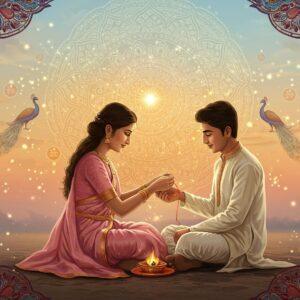 A serene scene depicting a sister tying a sacred rakhi on her brother's wrist, captured in ethereal lighting. The sister wears a soft pink silk saree with delicate gold embroidery, while the brother wears a pristine white kurta. A large, intricate golden mandala hovers behind them, emanating divine light. Floating around them are mystical symbols of protection - small translucent shields, sacred threads, and lotus flowers in pastel hues. The background features a gradient of morning sky colors - soft oranges blending into peaceful blues. Traditional Madhubani-style patterns frame the scene, featuring peacocks and sacred geometric designs in deep maroon and peacock blue. Small sparkles of divine light scatter across the image. The siblings' expressions reflect deep spiritual connection and pure love. The rakhi itself glows with a subtle golden aura, symbolizing divine protection. The overall composition balances traditional Indian art elements with modern digital aesthetics, creating a dreamlike quality while maintaining cultural authenticity. Soft light rays filter through the scene, creating an atmosphere of divine blessing and eternal bonds.