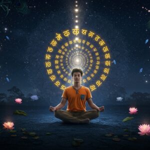 A serene night scene featuring a young Indian man in modern clothes meditating in padmasana, surrounded by a spiral of luminous golden Sanskrit letters of "राम" floating and dissolving into cosmic energy. The central figure is bathed in a soft, divine light emanating from a large, ornate mandala behind him. Multiple transparent layers show the same person transforming from stressed to peaceful, illustrated through subtle color shifts from dark blues to warm golds. The background features a stylized cosmic universe with subtle Madhubani-style patterns, floating lotus flowers in pastel pink and white, and shimmering stars. Small, glowing orbs of light represent positive energy, while ethereal peacock feathers frame the corners. The lighting is dreamy and atmospheric, with a combination of cool moonlight and warm spiritual glow. The art style merges hyperrealistic digital painting with traditional Indian artistic elements, featuring intricate patterns and sacred geometry. The overall mood is deeply spiritual and transformative, with a modern aesthetic appeal.