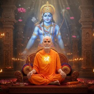 A serene Hindu saint Samarth Ramdas sitting in padmasana on a richly carved wooden platform, wearing saffron dhoti and angavastram, with his eyes closed in deep meditation. His right hand holds his signature bamboo staff while his left hand holds a japa mala. The name "RAM" radiates as golden light from his heart chakra, creating intricate mandala patterns in the air. Behind him, a large ethereal form of Lord Ram appears in a translucent, celestial blue hue, holding his divine bow, wearing a crown and royal attire. The background features a ancient temple architecture with intricate Maratha-style carvings. Floating lotus flowers and diyas surround the scene, each emitting a soft golden glow. The color palette combines deep saffron, celestial blues, and warm golds. Traditional Madhubani-style patterns interweave with modern digital art techniques. The lighting is mystical with rays of divine light filtering through, creating a spiritual atmosphere. The scene is rendered in high detail with photorealistic textures while maintaining a surreal, divine quality.