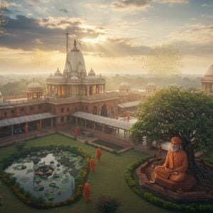 A serene aerial view of a majestic Ramakrishna temple complex at dawn, featuring distinctive Indo-Gothic architecture with pristine white marble domes and red brick walls. The main shrine radiates golden light from within, surrounded by perfectly manicured gardens with blooming lotus ponds. In the foreground, a life-like statue of Sri Ramakrishna in his characteristic meditation pose sits beneath a ancient banyan tree adorned with prayer flags. Monks in saffron robes walk through covered pathways while devotees perform morning rituals. The scene is enhanced with soft morning mist, rays of sunlight breaking through clouds, creating heavenly light beams. Intricate Madhubani-style patterns decorate the temple walls in deep maroon and peacock blue. The composition includes floating mandalas and subtle sacred geometry patterns in the sky, rendered in metallic gold and soft pastels. The overall atmosphere is peaceful and inviting, with incense smoke creating ethereal swirls in the morning light. Style combines photorealistic architecture with ethereal spiritual elements, cinematic lighting, high-end digital art quality, tilt-shift photography effect.