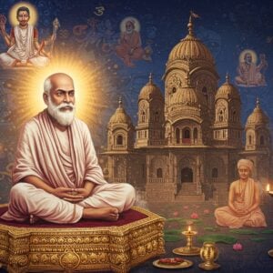 A serene portrait of Sri Ramakrishna Paramhansa in deep meditation, seated in padmasana on a golden lotus platform, wearing traditional white dhoti with red border. His face radiates divine light with eyes half-closed in samadhi state. Behind him, a large ornate Kali temple in traditional Bengali architecture style with intricate details. The background features a mystical blend of Madhubani-style patterns with floating lotuses, sacred symbols, and flowing spiritual energy in shades of deep blue, gold, and saffron. Multiple ethereal visions appear in translucent overlays showing Ramakrishna worshipping Mother Kali, serving humanity, and teaching disciples. Soft golden light illuminates the scene while delicate flower petals and spiritual symbols float in the air. The composition includes traditional Bengali religious elements like brass temple bells, incense smoke, and oil lamps. The art style combines photorealistic details with spiritual surrealism, creating a deeply atmospheric and reverential mood. The overall color palette focuses on deep maroons, metallic golds, warm whites, and peaceful blues.