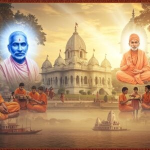 A majestic temple complex in traditional Bengali architecture with modern elements, illuminated by soft golden light at sunrise. The iconic Belur Math temple stands prominently, its white marble structure reflecting in the serene Ganges River. In the foreground, a photorealistic portrait of Sri Ramakrishna in meditation pose, emanating ethereal blue-white spiritual aura, flanked by Swami Vivekananda and Ma Sarada Devi. Multiple transparent layers show monks in ochre robes helping people - teaching children, serving food to the poor, and working in modern computer labs. The scene is framed by intricate Madhubani-style border featuring lotus motifs and Om symbols in deep maroon and saffron. Floating digital elements show modern service activities merging seamlessly with traditional architecture. The lighting creates a divine atmosphere with rays of light breaking through morning mist. Hyperrealistic rendering with spiritual overtones, combining traditional Indian art with contemporary digital aesthetics. The color palette features pristine whites, saffron, deep maroons, and touches of peaceful blue.