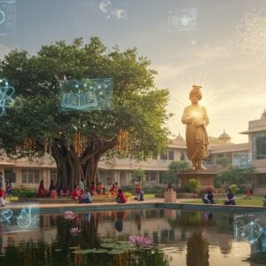 A serene campus courtyard in modern Indian architectural style with traditional elements, featuring a grand statue of Swami Vivekananda in meditation pose at center, emanating golden light rays. Students in contemporary Indian attire (kurtas and western wear) study under a sprawling banyan tree decorated with hanging crystal lights. The scene includes modern glass buildings seamlessly blending with traditional temple architecture, adorned with intricate Madhubani-style patterns. Floating above are ethereal visualizations of science symbols, books, and spiritual motifs in soft pastel blues and golden hues. The foreground shows a peaceful lotus pond reflecting the scene, with digital interfaces displaying educational content hovering above the water. Multiple glowing mandalas in saffron and deep blue float in the background sky. The lighting is warm and spiritual, with soft morning sun rays filtering through the trees. The overall composition balances technology with tradition, featuring floating holographic educational symbols merging with traditional Indian artistic elements. Highly detailed digital art with photorealistic elements, emphasizing both modern education and spiritual values.