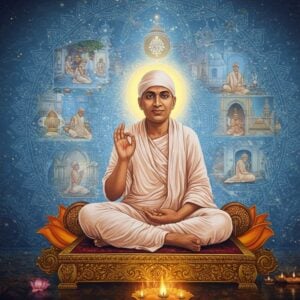 A serene portrait of Ramakrishna Paramahamsa in traditional white dhoti, seated in padmasana on a golden lotus platform, radiating divine light. His face bears his characteristic gentle smile and compassionate eyes, with his right hand raised in the chinmudra gesture. Behind him, a large ethereal mandala glows in soft blues and golds, with intricate Madhubani-style patterns. Multiple translucent layers show vignettes of his life - him worshipping at Dakshineshwar temple, meditating under the peepal tree, and teaching disciples. The scene is surrounded by mystical symbols including a shimmering Kali yantra, lotus flowers in various stages of bloom, and swirling energy patterns in deep maroon and saffron. Floating orbs of golden light illuminate the scene, creating a dreamy, spiritual atmosphere. The art style seamlessly blends traditional Indian Pattachitra techniques with modern digital art, featuring both intricate line work and smooth gradients. The overall composition suggests transcendence and spiritual wisdom, with a contemporary aesthetic appeal.