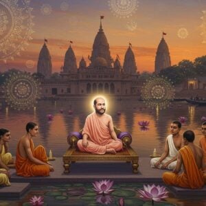 A serene evening scene showing Sri Ramakrishna seated in lotus position on a raised platform at Dakshineshwar temple, wearing simple white dhoti with a peaceful smile, radiating divine golden aura. Around him, his disciples including young Narendranath (pre-Vivekananda) in ochre clothes, Rakhal Maharaj, and other prominent disciples sit in reverence. The backdrop features the iconic Dakshineshwar temple architecture with its nine spires, reflecting in the flowing Ganges. Mythical lotus flowers float in the water, emanating soft blue spiritual light. The scene is illuminated by warm dusk lighting with hints of orange and purple in the sky. Multiple translucent mandalas float in the background, featuring intricate Madhubani-style patterns in gold and saffron. The overall composition combines photorealistic details with ethereal elements, showcasing traditional Indian artistic elements with modern digital art techniques. The atmosphere captures both the guru-shishya tradition and the spiritual transcendence of the moment.