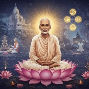 A serene portrait of Sri Ramakrishna in deep meditation, seated in padmasana on a blooming lotus platform, wearing traditional white dhoti with red border. His face radiates divine light with a gentle smile and half-closed eyes. Behind him, a large ethereal Kali temple merges with modern city skyline. Multiple translucent layers show vignettes: one showing him teaching disciples, another showing diverse modern people in business attire meditating, and a third showing interconnected sacred symbols of major religions (Om, Cross, Crescent) glowing in golden light. The scene is wrapped in swirling energy patterns combining traditional Indian mandala designs with futuristic holographic elements in soft blues and purples. Floating lotuses and prayer beads transform into digital particles. The lighting is mystical with warm golden rays from above mixing with cool blue light from below. The art style combines hyperrealistic digital painting with traditional Indian miniature art elements, featuring intricate patterns and rich jewel tones. The atmosphere suggests both timeless wisdom and contemporary relevance.