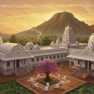 A serene aerial view of Ramana Maharshi Ashram at sunrise, nestled against the sacred Arunachala Hill, rendered in a blend of traditional Madhubani and modern digital art style. The ashram's pristine white buildings with traditional South Indian architecture feature intricate mandala patterns on their walls. Golden sunlight bathes the scene, creating long shadows and highlighting the meditation halls and guest quarters. In the foreground, a peaceful courtyard with a blooming sacred fig tree, surrounded by devotees in white clothing performing morning meditation. Ethereal wisps of incense smoke curl through the air, forming subtle spiritual patterns. The scene includes detailed depictions of the dining hall, library, and meditation spaces, with soft glowing auras around the buildings. The color palette combines earthen browns of Arunachala, pristine whites of the buildings, and touches of saffron and peacock blue in the sky. Small birds circle the temple spires while morning lotus flowers bloom in the nearby pond, reflecting the golden sunlight.
