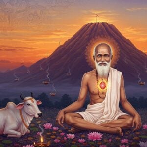 A serene portrait of Ramana Maharshi sitting in padmasana on Arunachala Hill during sunrise, his face radiating divine calm with a gentle smile, wearing simple white dhoti. His eyes display deep wisdom and compassion, half-closed in meditation. The sacred mountain Arunachala is rendered in deep oranges and purples, with intricate Madhubani-style patterns depicting various scenes from his life in the background. Golden light emanates from his heart center, creating a luminous aura. Floating lotuses and mandalas in soft pastels (rose pink, powder blue, pale gold) surround him. The foreground features his faithful companion, the cow Lakshmi, peacefully resting. The scene is dotted with ethereal floating oil lamps and incense smoke forming mystical patterns. A subtle representation of Sri Ramana's self-enquiry teaching "Who am I?" appears as golden sacred geometry patterns in the sky. Art style combines hyperrealistic portrait details with traditional Indian art elements, digital art finish, atmospheric lighting, volumetric god rays, cinematic composition, deep spirituality, 8k quality