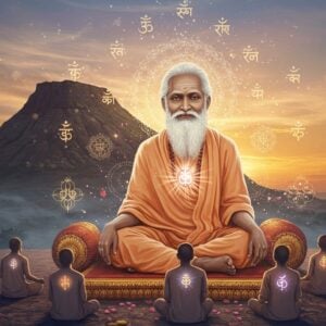 A serene portrait of Ramana Maharshi in his characteristic white dhoti, seated in padmasana on a golden cushion against the backdrop of Arunachala hill at sunrise. His face radiates divine peace with a subtle smile, half-closed eyes in meditation, and silver-white hair and beard glowing with ethereal light. Sacred geometry patterns and mandalas float in the air around him, rendered in soft gold and white light. The scene is layered with multiple translucent dimensions - the physical realm showing the sacred hill, the subtle realm with floating Sanskrit symbols and vibrant energy swirls in deep blues and purples, and the causal realm depicted as pure golden light. Modern seekers in contemporary clothing sit in meditation before him, rendered as silhouettes with glowing heart centers. The atmosphere features soft mist and floating lotus petals, with rays of divine light emerging from Maharshi's heart center. The art style combines hyperrealistic digital painting with traditional Indian spiritual art elements, using a color palette of dawn colors - soft golds, whites, blues, and touches of saffron. The lighting is ethereal and dreamlike, with lens flares and light particles adding a contemporary cinematic quality.