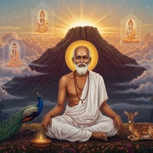 A serene portrait of Ramana Maharshi seated in lotus position on Arunachala Hill during sunrise, his face radiating divine peace with a subtle golden aura around him. He's wearing simple white dhoti, bare-chested, with rudraksha mala. The sacred mountain behind him is rendered in deep maroon and gold hues, with intricate Madhubani-style patterns. Ethereal light streams through clouds, creating a mystical atmosphere. In the foreground, a deer and peacock rest peacefully near him, symbolizing his connection with nature. Multiple translucent vignettes float around him like celestial windows, each showing different miracles: a glowing self-manifested lingam, healing rays emanating from his hands, and devotees in meditation. The scene features soft, glowing orbs of light in pastel blues and golds. Traditional Tamil kolam patterns interweave throughout the composition. The art style combines hyperrealistic portrait details with surreal, spiritual elements, rendered in a modern digital aesthetic while maintaining traditional Indian art influences.