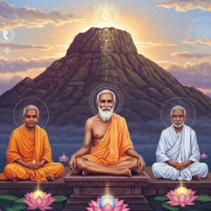 A serene mystical scene showing Ramana Maharshi in his characteristic white dhoti, seated in padmasana on a carved stone platform at the base of sacred Arunachala mountain at dawn. His expression is peaceful, eyes half-closed in meditation, with a subtle golden aura surrounding him. To his right, Sri Aurobindo appears in flowing white robes with his distinctive white beard, radiating a blue spiritual light. To his left, Paramahansa Yogananda in saffron robes emanates a soft violet glow. Behind them, the mountain is rendered in the Madhubani art style with intricate patterns in deep maroon and gold. The sky features ethereal mandalas and sacred geometry in pastel blues and pinks. Multiple lotus flowers float in the foreground, each containing a small glowing sphere of light in different colors representing various spiritual paths. The entire scene is illuminated by a divine golden light breaking through clouds, casting long shadows. Art style combines hyperrealistic portraiture with traditional Indian artistic elements, creating a bridge between ancient wisdom and modern aesthetics. The atmosphere is deeply spiritual and contemplative with a dreamy, otherworldly quality.