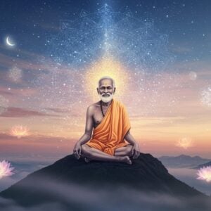 A serene portrait of Ramana Maharshi sitting in padmasana on a moonlit mountain peak of Arunachala, rendered in a fusion of traditional Indian art and modern digital aesthetics. His face radiates divine peace with a subtle golden aura around him, eyes half-closed in meditation. He wears simple white dhoti, with his characteristic peaceful smile. The background features a cosmic mandala incorporating sacred geometry patterns in soft blues and golds. Floating ethereal lotus flowers surround him, each emitting a gentle luminescence. The scene includes modern elements like a subtle sacred geometry grid pattern overlaying the sky, and digital particle effects creating a bridge between ancient wisdom and contemporary aesthetics. Soft morning mist surrounds the base of the mountain, while the sky transitions from deep indigo to soft rose gold. Multiple translucent layers of modern sacred geometry patterns float in the space around him, creating depth. The lighting emphasizes the spiritual atmosphere with gentle rays of golden light breaking through clouds. Art style combines hyperrealism with mystical Indian traditional art elements, high-quality digital illustration with rich textures and intricate details.