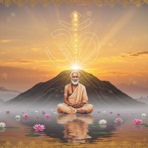 A serene portrait of Ramana Maharshi in his signature white dhoti, seated in padmasana on a sacred hill resembling Arunachala at sunrise. His face radiates divine peace with a subtle golden aura around him. The background features a large, translucent sacred symbol "Who am I?" in Sanskrit, rendered as ethereal light. Multiple transparent layers showing the journey of self-inquiry: the outermost layer shows a detailed human form, the middle layer shows a subtle energy body with chakras, and the innermost layer reveals pure consciousness as golden light. Floating lotus flowers in pastel pink and white emerge from a reflecting pool below. The scene is rendered in a harmonious blend of traditional Tanjore art style and modern digital aesthetic, with intricate geometric patterns in gold filigree. Soft morning mist surrounds the hill, with rays of golden light breaking through. The color palette consists of dawn colors - soft oranges, ethereal blues, and pure whites, with accent of gold. The overall composition suggests both depth and transcendence, with a dreamy, spiritual quality.