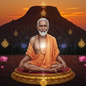 A serene portrait of Ramana Maharshi in his characteristic white dhoti, seated in padmasana on a golden lotus platform against the backdrop of Arunachala hill at sunset. His face radiates divine peace with a subtle ethereal glow, eyes half-closed in deep meditation. Sacred geometry patterns and mandala formations float around him in shimmering gold and soft blue light. Multiple translucent layers show the same figure looking inward, representing the journey of self-inquiry, each layer becoming more illuminated. The background features a mystical interpretation of Arunachala with swirling energy patterns in deep maroon and saffron. Small floating lotuses and spiritual symbols in Madhubani style border the scene. Soft rays of light emanate from his heart center, creating a luminous atmosphere. The art style combines hyperrealistic portrait details with ethereal digital effects, incorporating elements of traditional Indian art. The overall color palette includes warm golds, soft whites, deep maroons, and peaceful blues, creating a harmonious and spiritually uplifting atmosphere.